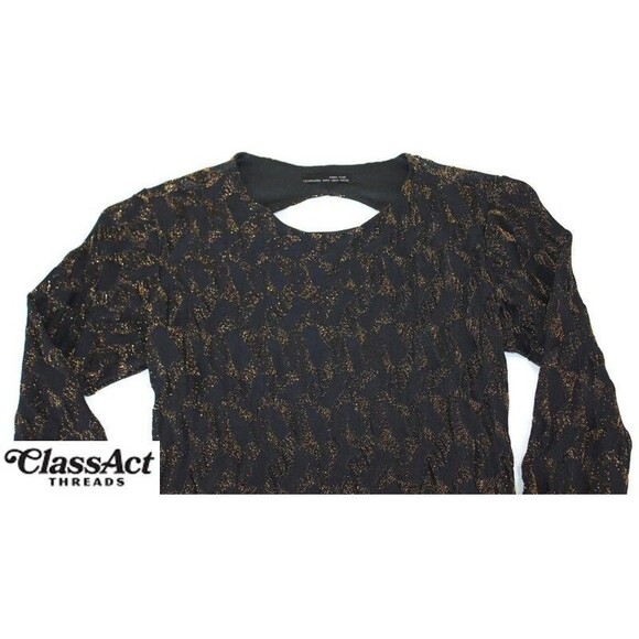 ZARA WB Women's Black Gold Long Sleeve Dress Open Back Pullover Sz M - Picture 2 of 7